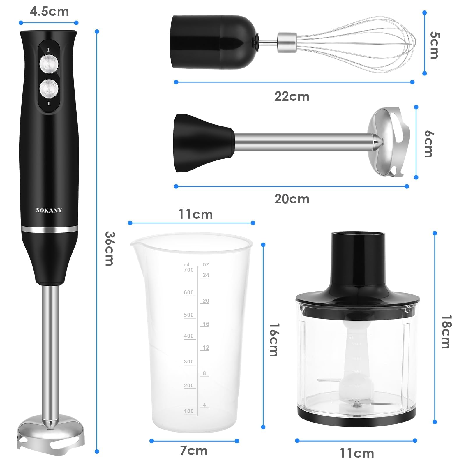 Mixer Immersione 4-In-1, 500 W Frullatore Tritatutto Multifunzione, 2 Velocità, con Frusta e Tritatutto da 500 ml e Misurino da 700 ml per Frullati, Zuppe, Salse, Yogurt, Alimenti Bambini
