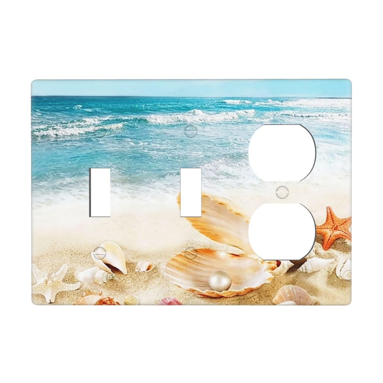Nautical Beaach Shell Starfish Coastal 3 Gang Combination 2 Toggle 1 Duplex Receptacle Outlet Covers Light Switch Cover Combo Wallplate Decorative Faceplate