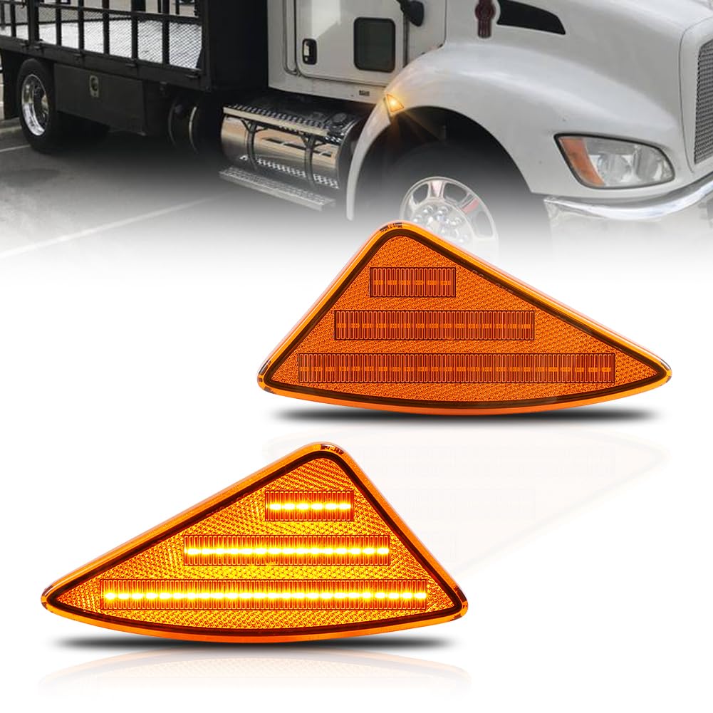 OFFKAT Front Fender LED Side Marker Lights for 2008-2021 Kenworth T660 T170 T370 T270, Kenworth Amber Lens Side Bumper Marker Lamps, [Ultra-Bright]