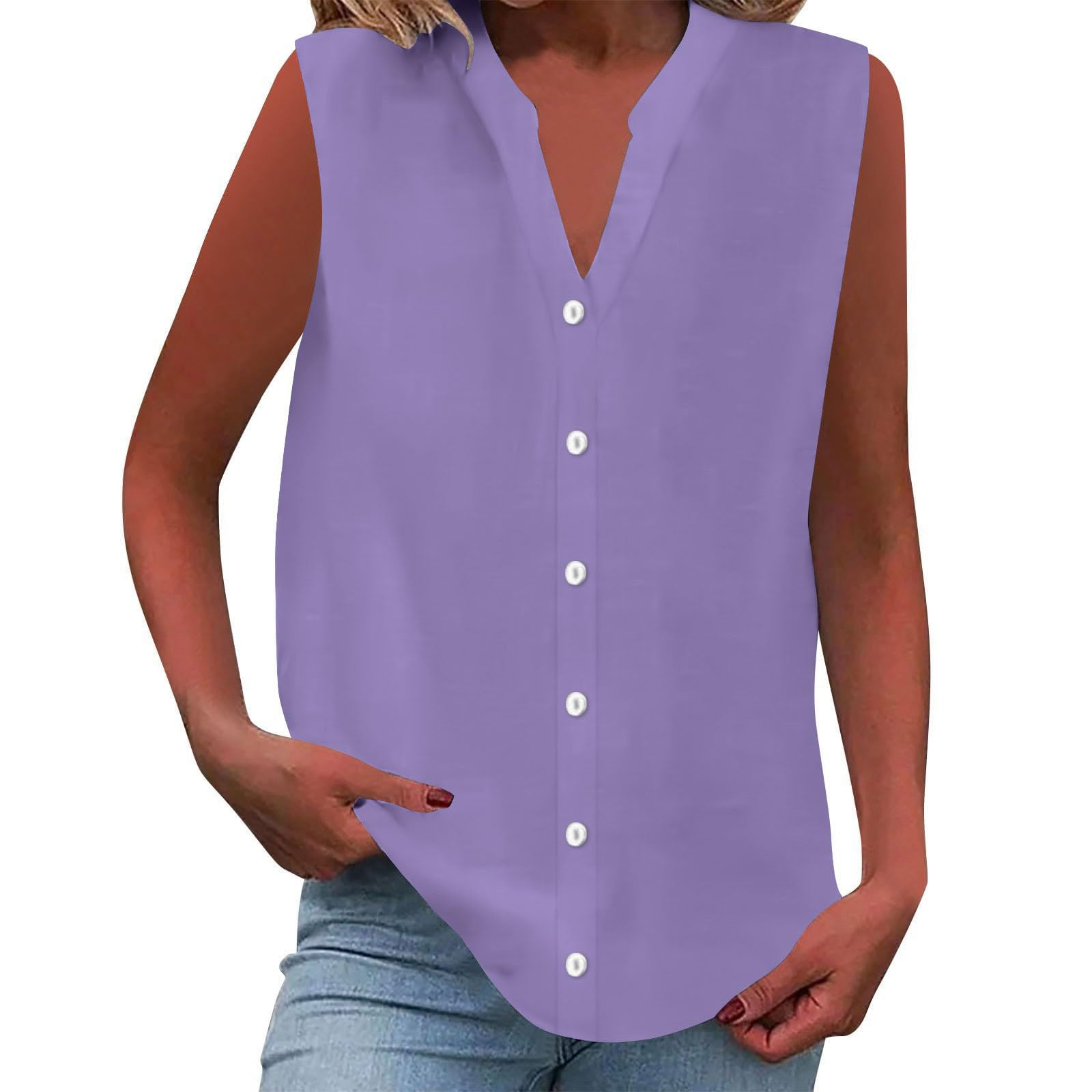 Camisa sin Manga Mujer Algodón Lino Verano Camisetas de Tirantes Blusa Moda Color sólido Casual Chaleco Ligero Transpirable Tank Tops Cuello en V Botones Fiesta Playa Camisa Suelto tee 2025