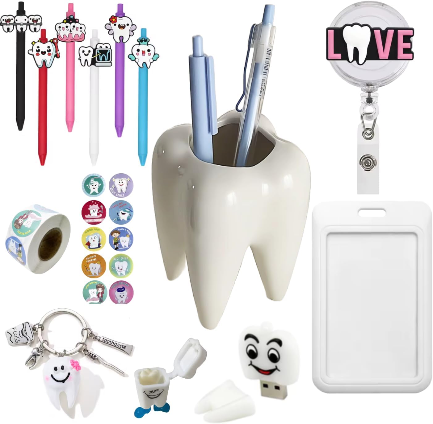 Dental Office Decor Set, 7 Pieces - Ceramic Tooth Pen Holder, 6 Pens, Stickers, Badge Reel and ID Card Cover, USB Drive, Adorable keychain, 10 Baby Tooth Boxes