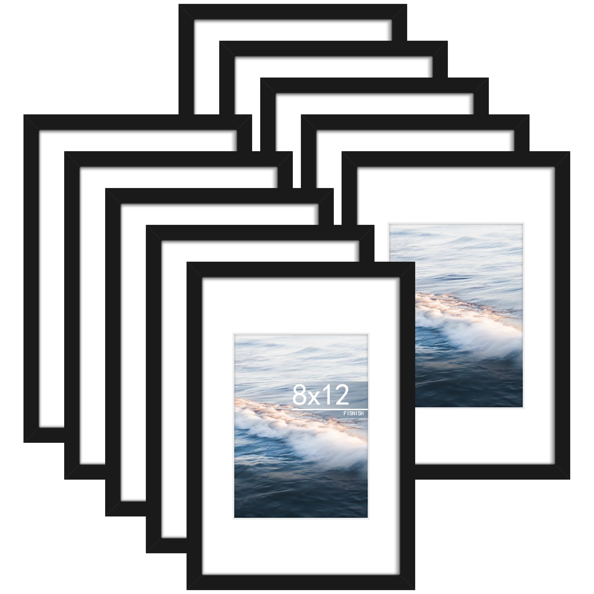 8x12 Picture Frame Sef of 10, Display Pictures 6x8 with Mat or 8 x 12 Without Mat, Photo Frame Collage for Wall Gallery Decor, Wall Mounted, Black