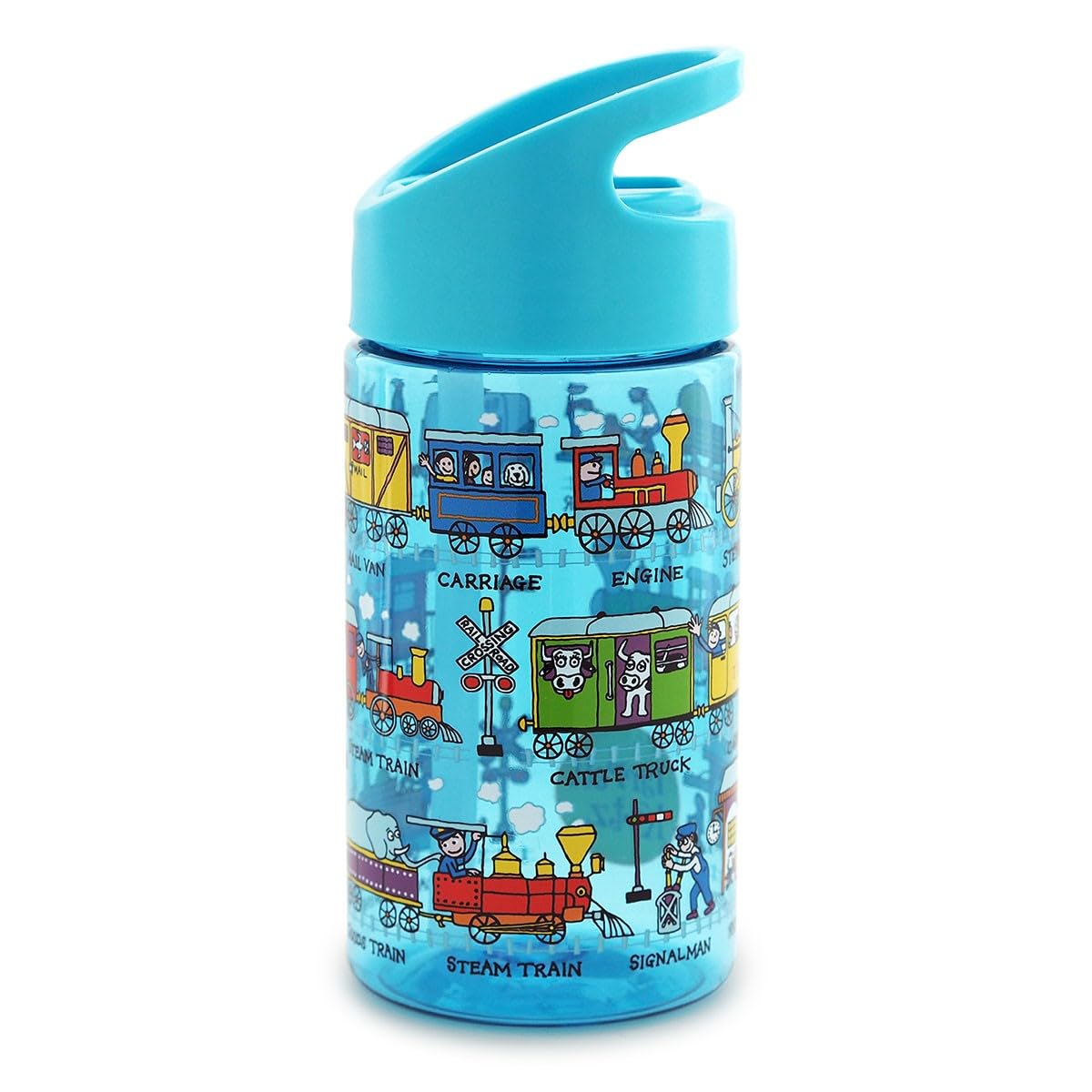 Tyrrell Katz Kids Trains Printed Flip Top Drinking Bottle in Blue with Straw - Dishwasher Safe Lightweight Children's Sports Water Flask - 400 ml โ image 1