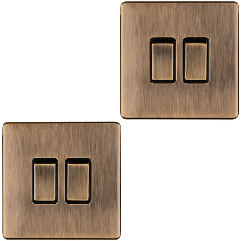 B&Q -  2 Pack 2 Gang Double Light Switch Screwless Antique Brass 2 Way 10A Slim Rocker