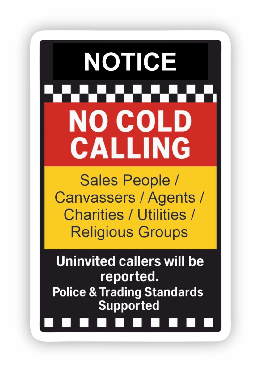 Inkati Gloss White Large-Medium Sized No Cold Callers Self-Adhesive Sticker For Front Door Or Window/Effective Deterrent For Nuisance Canvassers, Salesman, Hawkers, Agents Etc/Weatherproof Removable & Wipeable