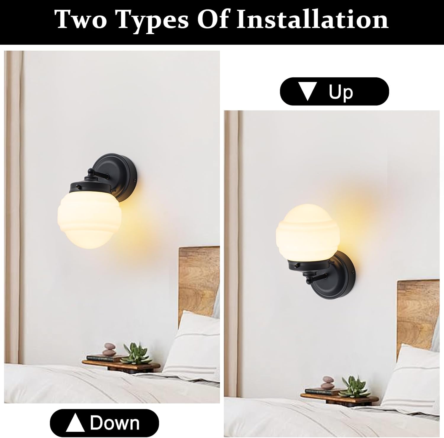 Black Vanity Sconce with Milk Glass Shade Vintage Wall Sconce Mid Century Wall Light, Hardwired Wall Lamp for Bathroom Hallway Bedroom Living Room Kitchen Stairway (E26)