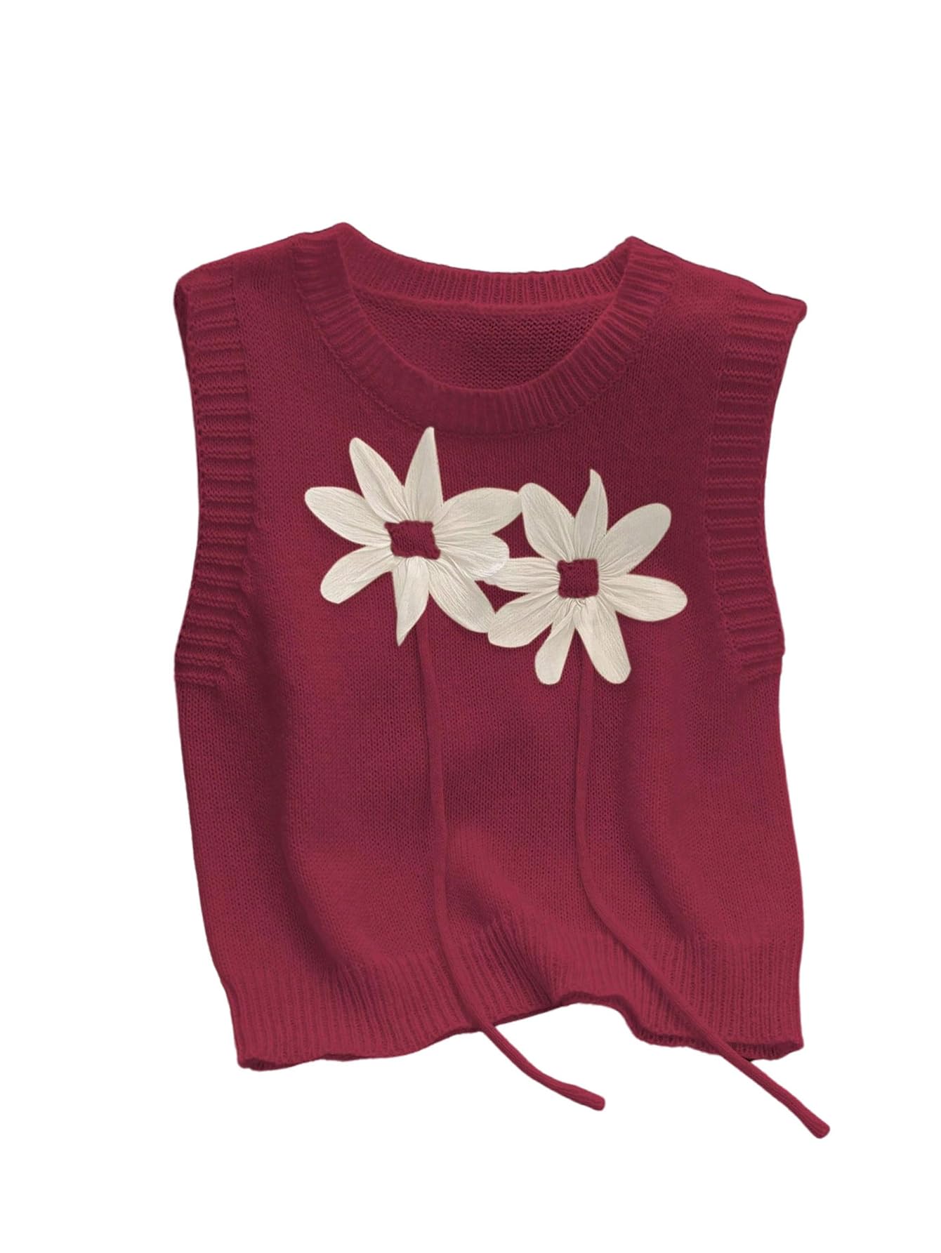 Verdusa Womens 3D Floral Sweater Vest Sleeveless Crew Neck Lightweight Knitted Tank Top Red Large