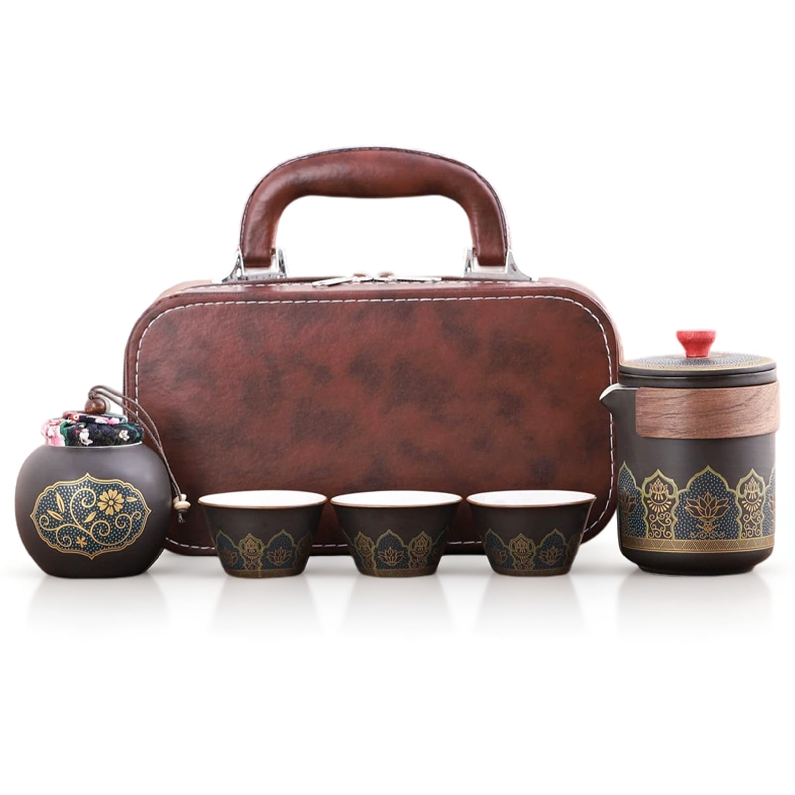Set di teiera giapponese, da viaggio, portatile, servizio da tè giapponese, da viaggio in porcellana, 1 teiera (250 ml) + 3 tazze da tè (46 ml) + 1 contenitore da tè (180 ml), set da tè per ufficio