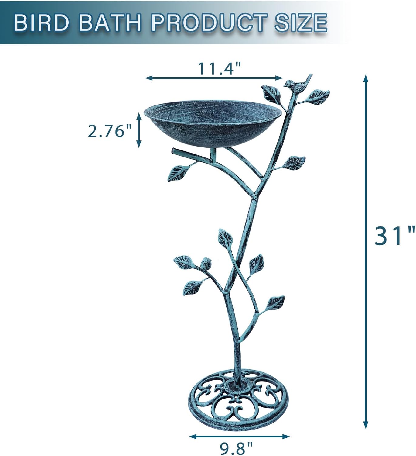 11.4" W x 31" H Cast Iron Pedestal Bird Bath, Birdbaths for Outdoors,Bird Bath for Outside,Vintage Metal Bird Bath Garden Yard Decor - Image 3