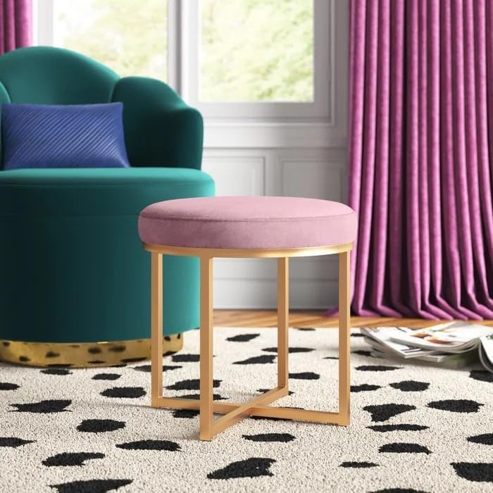 WUDENSEE Round Footrest Ottomans for Living Room, Premium Comfort Velvet Upholstered Vanity Stool for Bedroom, Elegant Design,Ottoman Footstool with Metal Stand (Pink)-image-1