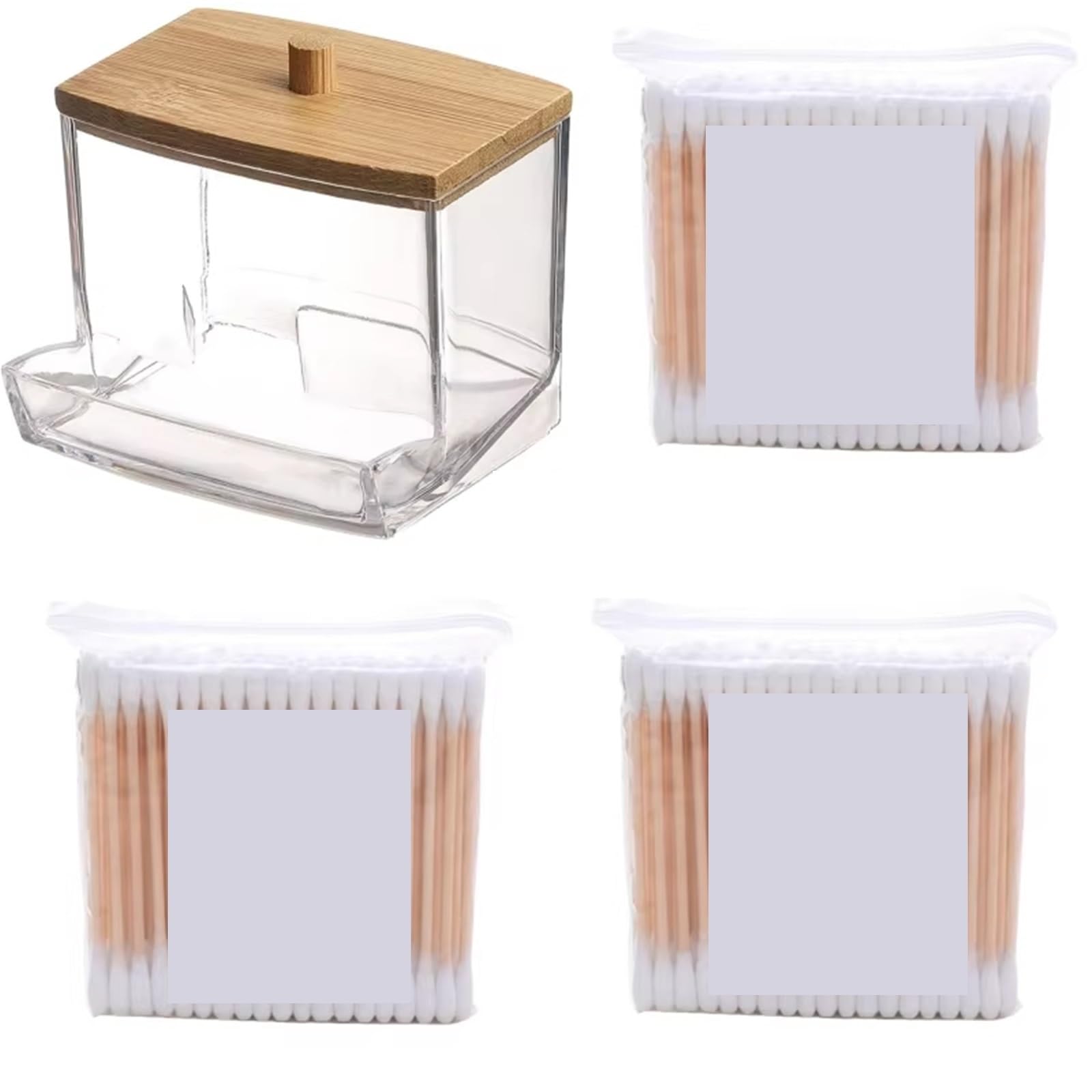 QuxetlRyz 1Pcs Cotton Swab Holder, Dispenser with Wooden Lids, Bathroom Storage Jars Containers Clear Plastic Cotton Buds Holder(Color4)