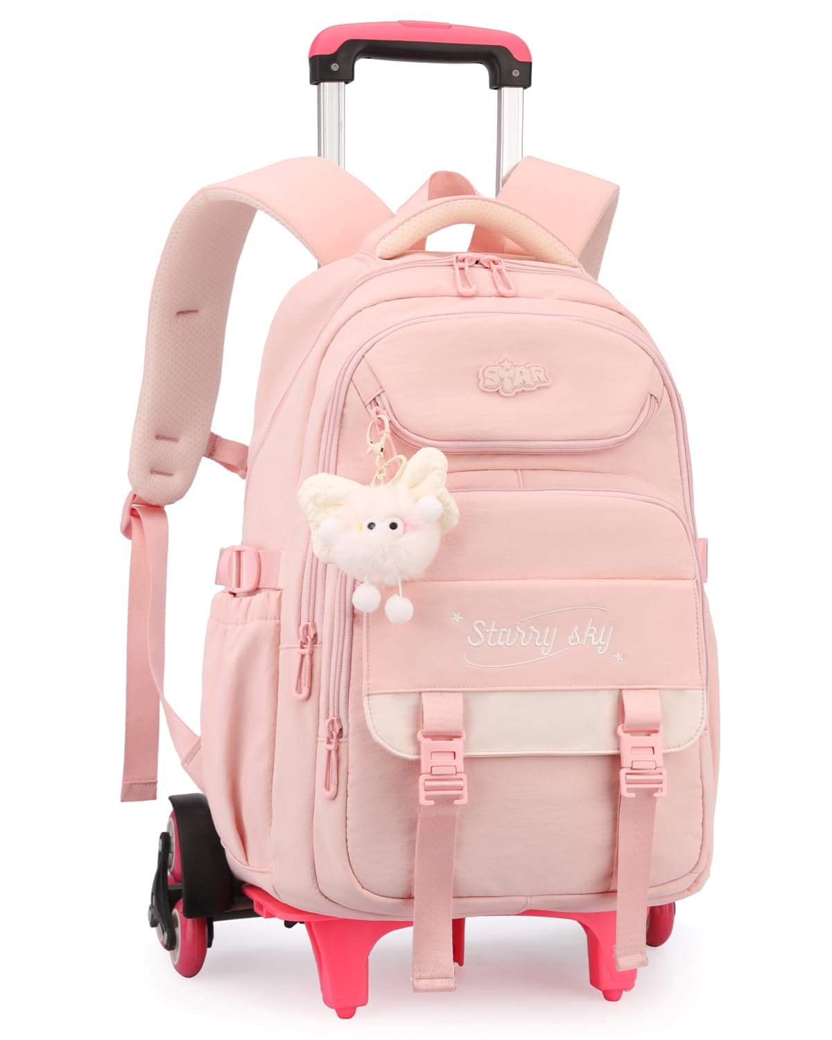 Amythe Cartable a Roulette Fille, 30L Sac à Dos à Roulettes Collège | Sac a Dos Scolaire Primaire Décontracté avec Chariot pour Voyages, 6 Roues, Rose