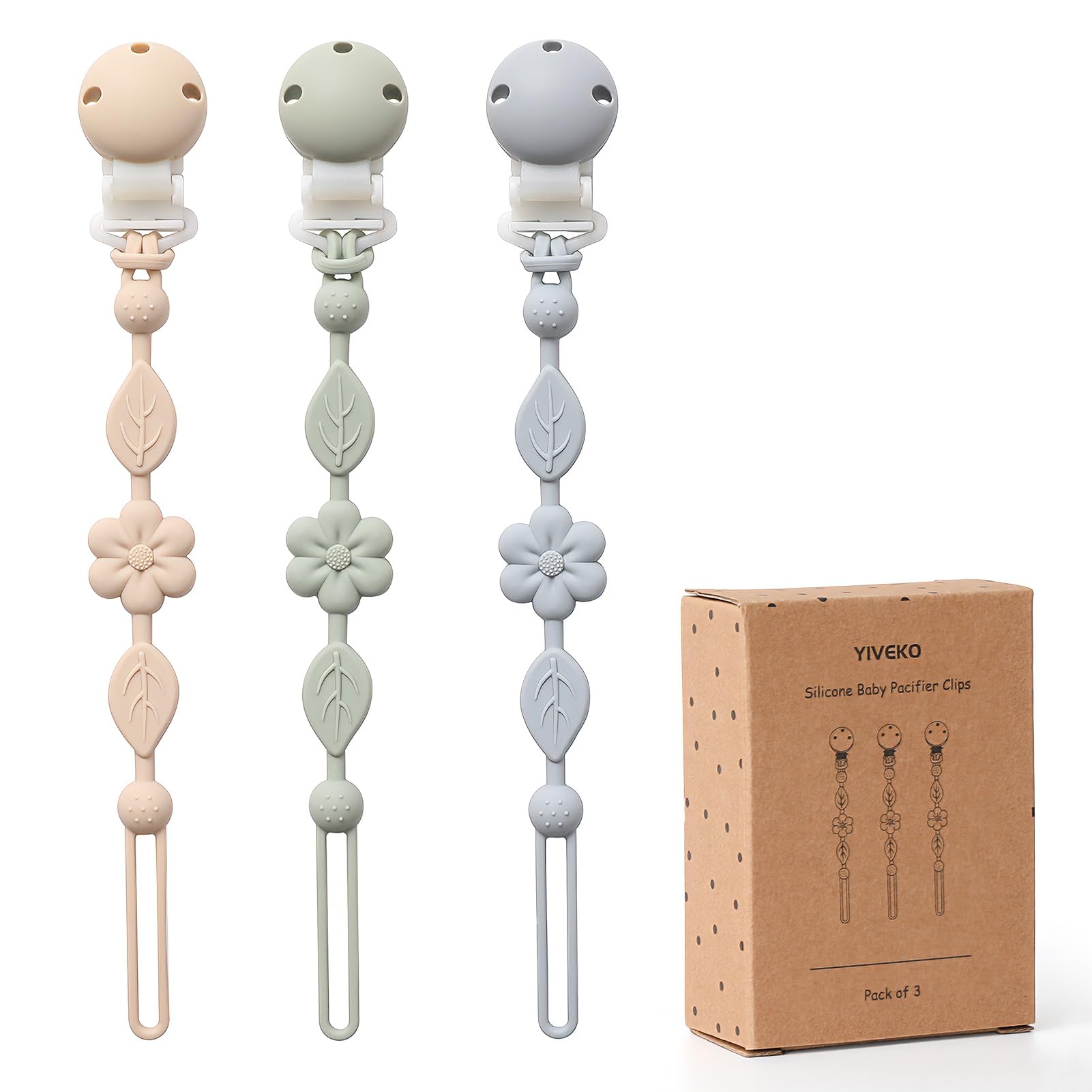 Pacifier Clips for Baby Silicone Pacifier Holder Clips for Boys Girls One Piece Baby Binky Clips YIVEKO Pacifier Clips Flower 3Pcs-Ivory+Sage+Baby