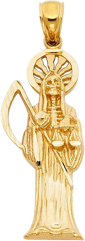 Solid 14K Yellow Gold Santa Muerte Pendant, Angel of Death Grim Reaper Charm - 3 Different Size.