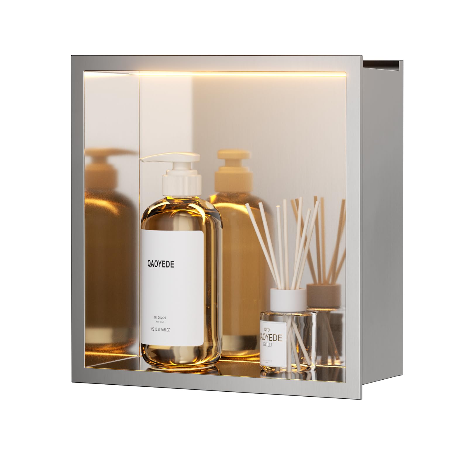 QAOYEDE 12x12 Recessed Shower Niche with Light Stainless Steel LED Light Bathroom Shelf No Tile Needed Waterproof Insert