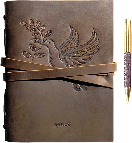 Sovereign-Gear Diario encuadernado en cuero para hombres y mujeres, juego de regalo hecho a mano con diario en relieve de paloma y bolígrafo