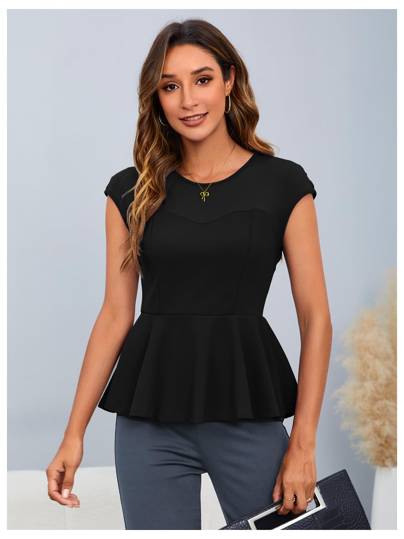 OYOANGLE Women's Elegant Sheer Mesh Cap Sleeve Ruffle Hem Flared Work Peplum Blouse Tops