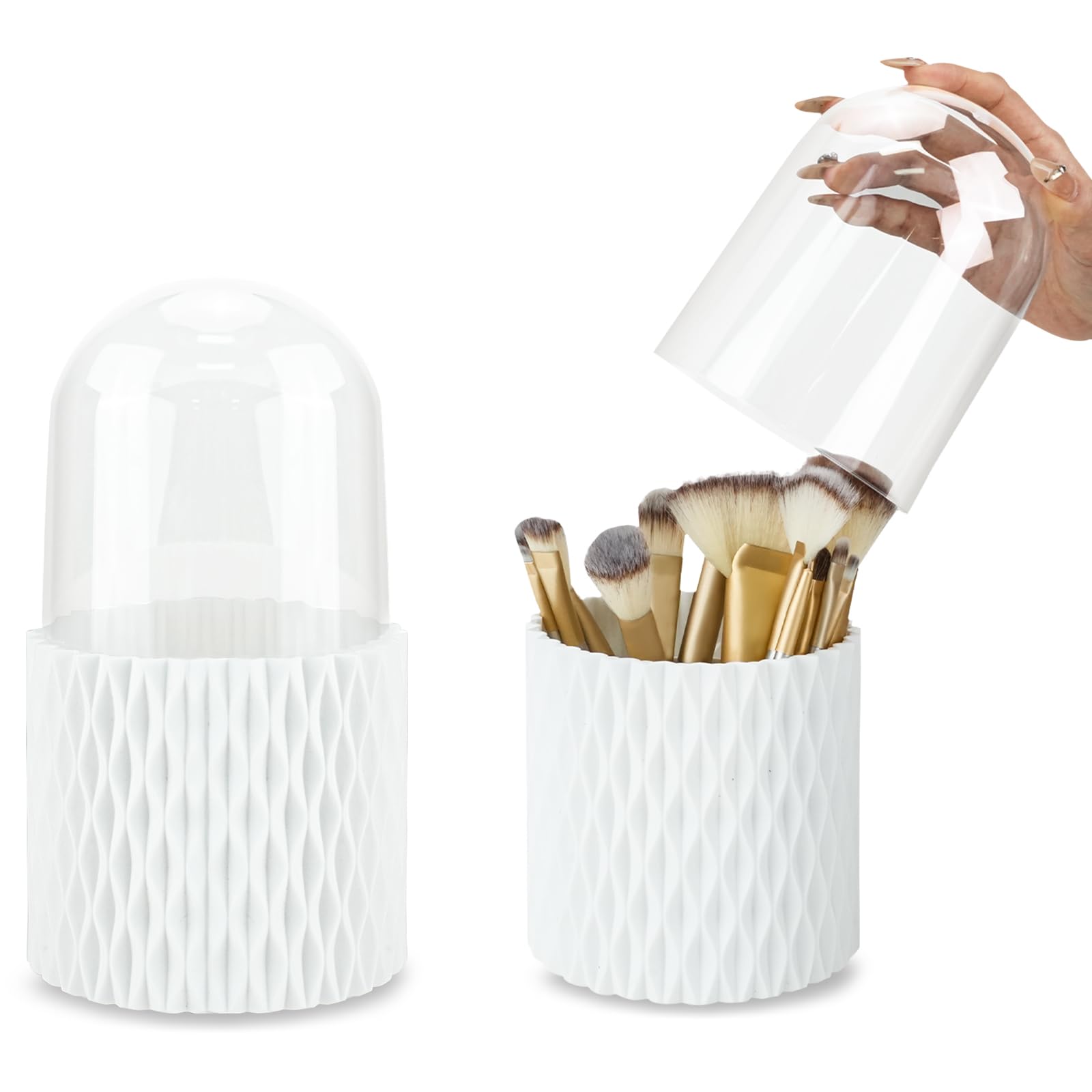 IBEQUEM 2 Pack Makeup Brush Holder, 360-Degree Rotating Makeup Brush Organizer with Clear Acrylic Lid