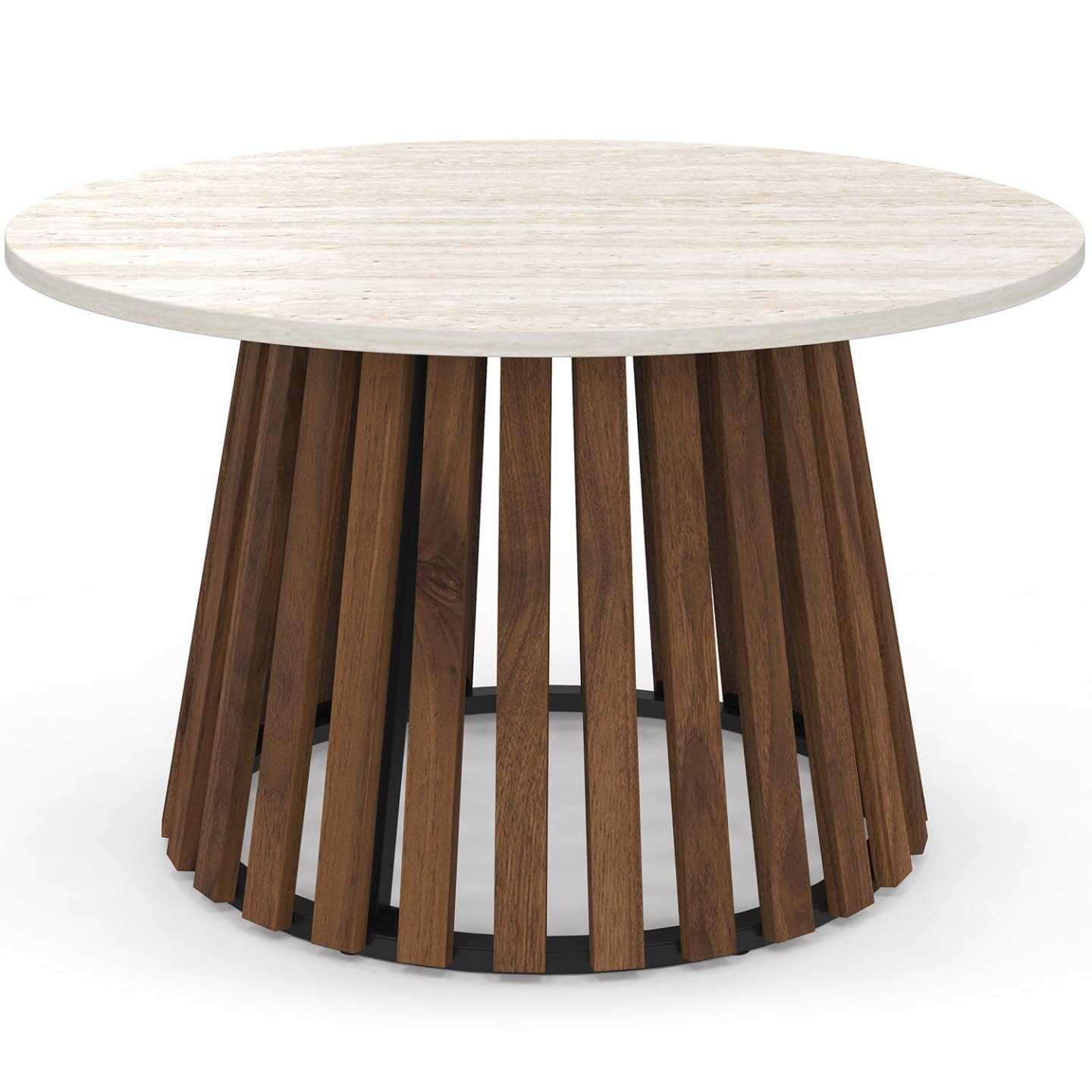IDMarket - Mesa de centro, redonda, Carmen, 70 cm, base de madera de listones, efecto nogal y tapa de travertino