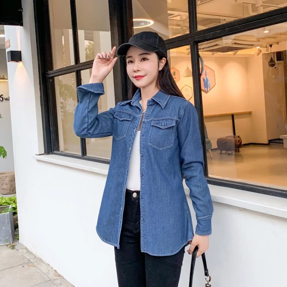 Bluse Elegant Damen Hemd, Damen Jeanshemd Jacke Fleecefutter Warmer Winterpullover Jeans Revers Bluse Tunika Knopf Brusttaschen Langarm Mantel Gefüttert Fleece Blusenshirts für Mädchen