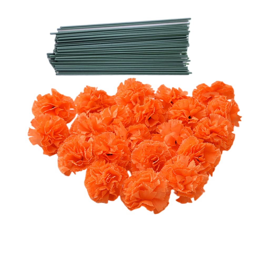 Rikyo Orange 50 Artificial Silk Carnation Flower Head With Stems Set,Vase Fillers,Marigold Flower Heads For Diwali Home Decor Day Of The Dead Wreath Garland Cake Ornaments,5Cm Petals Heads (Orange)