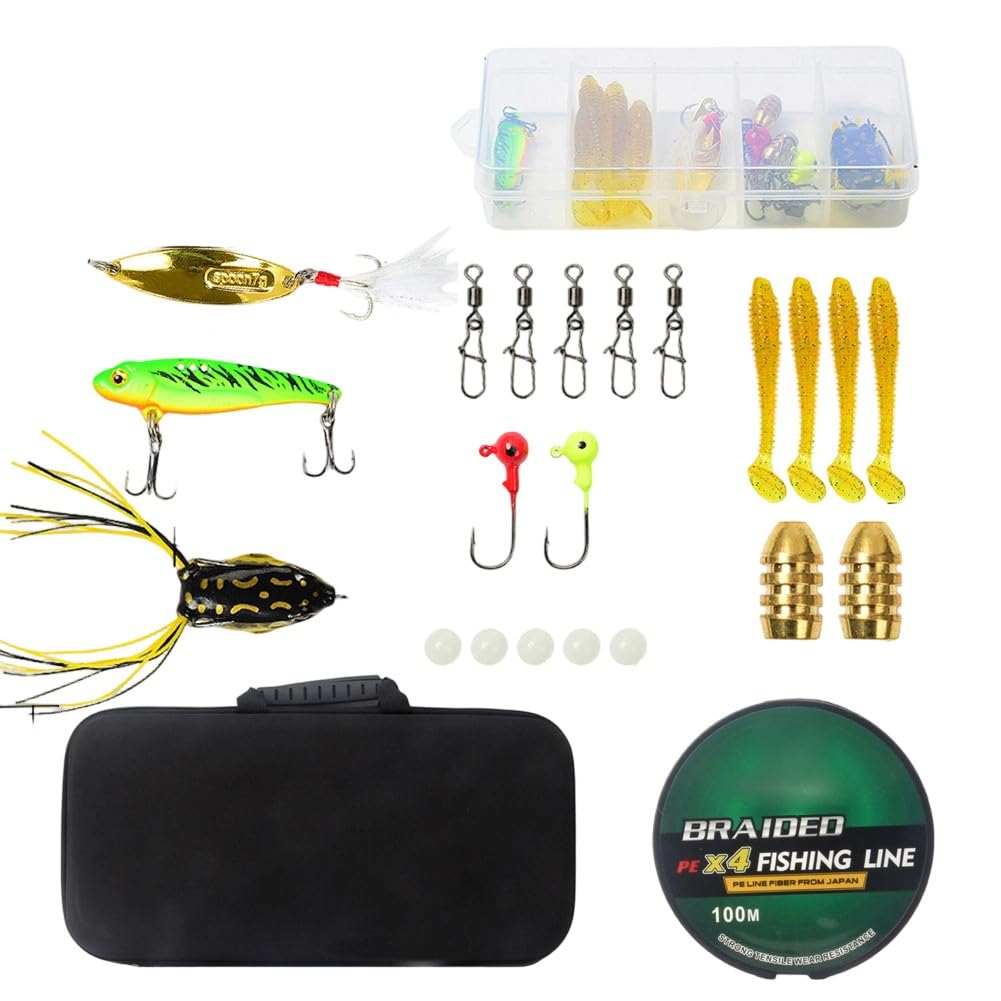 Set da pesca con canna in fibra di carbonio, mulinello (rapporto 5.2:1), valigetta e borsa per principianti in acqua dolce e salata (set da pesca da 2,1 m)