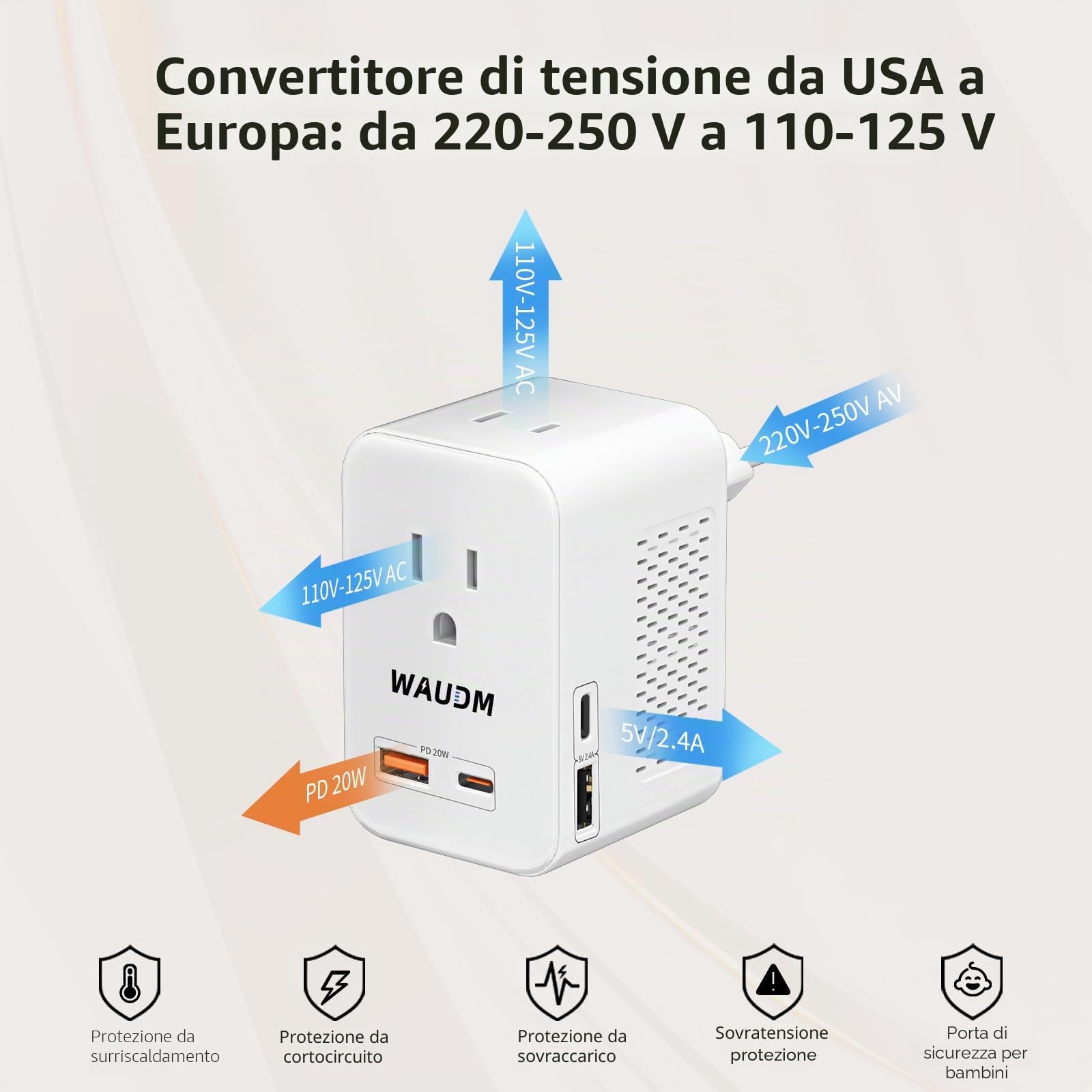 Convertitore di tensione da 220 V a 110 V, 20 W PD, riduce 220 V a 120 V, convertitore da viaggio dagli Stati Uniti all'Europa per oltre 80 paesi, tra cui la maggior parte dei paesi europei, Francia