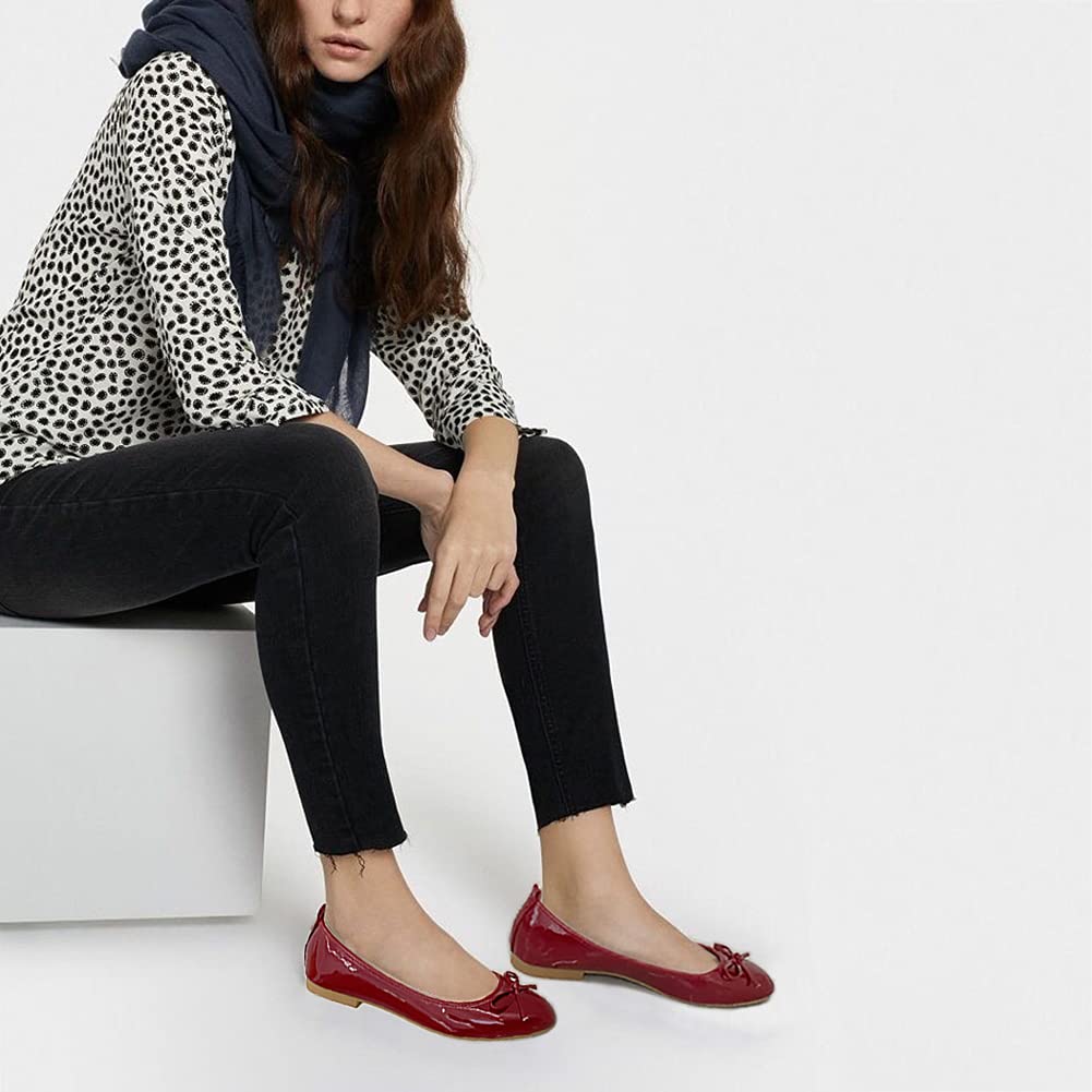 Ballerine da donna, in pelle verniciata, con fiocco, punta arrotondata, pieghevoli, piatte | Ballerine piatte da donna, con punta arrotondata, per ufficio, matrimonio