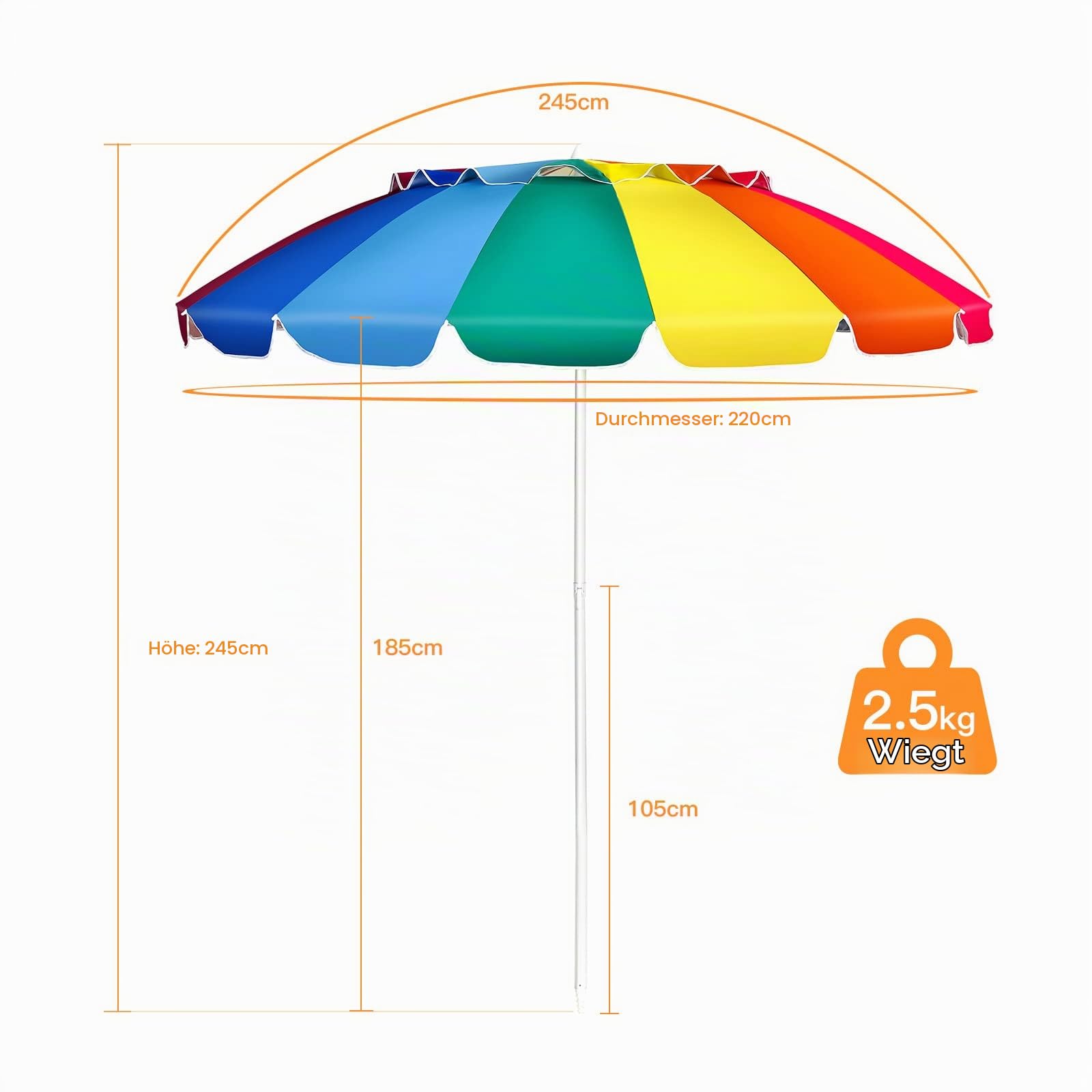 KOMFOTTEU Sonnenschirm Strand 243cm, Gartenschirm Sonnenschutz, Beach umbrella knickbar & Leichtgewicht, Balkonschirm mit Tragetasche, Terrassenschirm für Outdoor