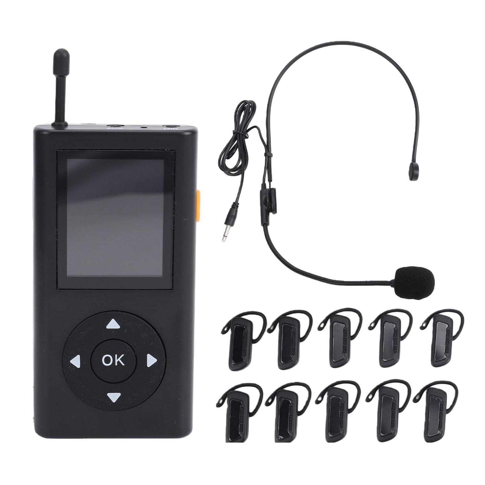 Inalámbrico de Guía Turística, 1 Transmisor y 10 Receptores, de Escucha con Batería Recargable y Reducción Digital de Ruido, para Fábricas, Viajes, Museos, Iglesias escuelas. (Enchufe de la