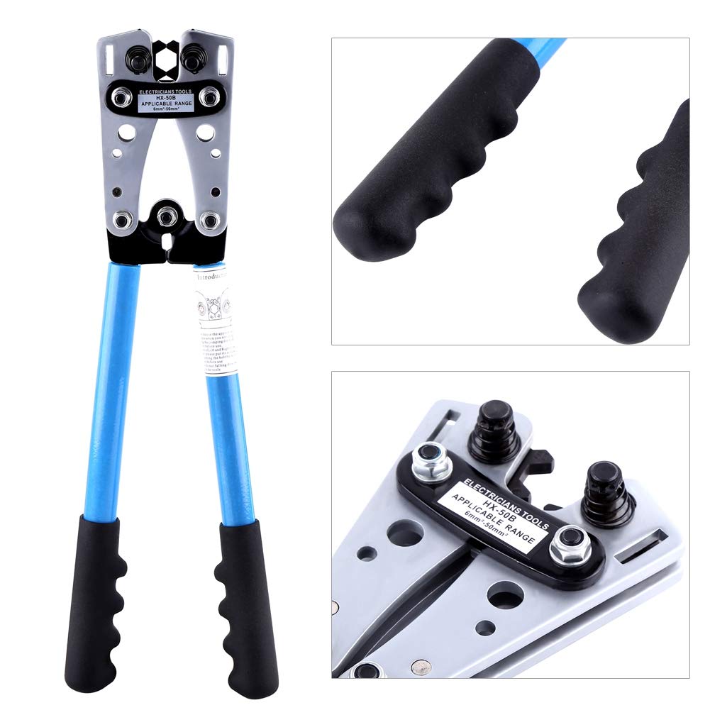 Pinza crimpatrice per capicorda 6 a 50 mm², pinza esagonale per cavi a cricchetto, capicorda con manici antiscivolo, meccanismo autobloccante