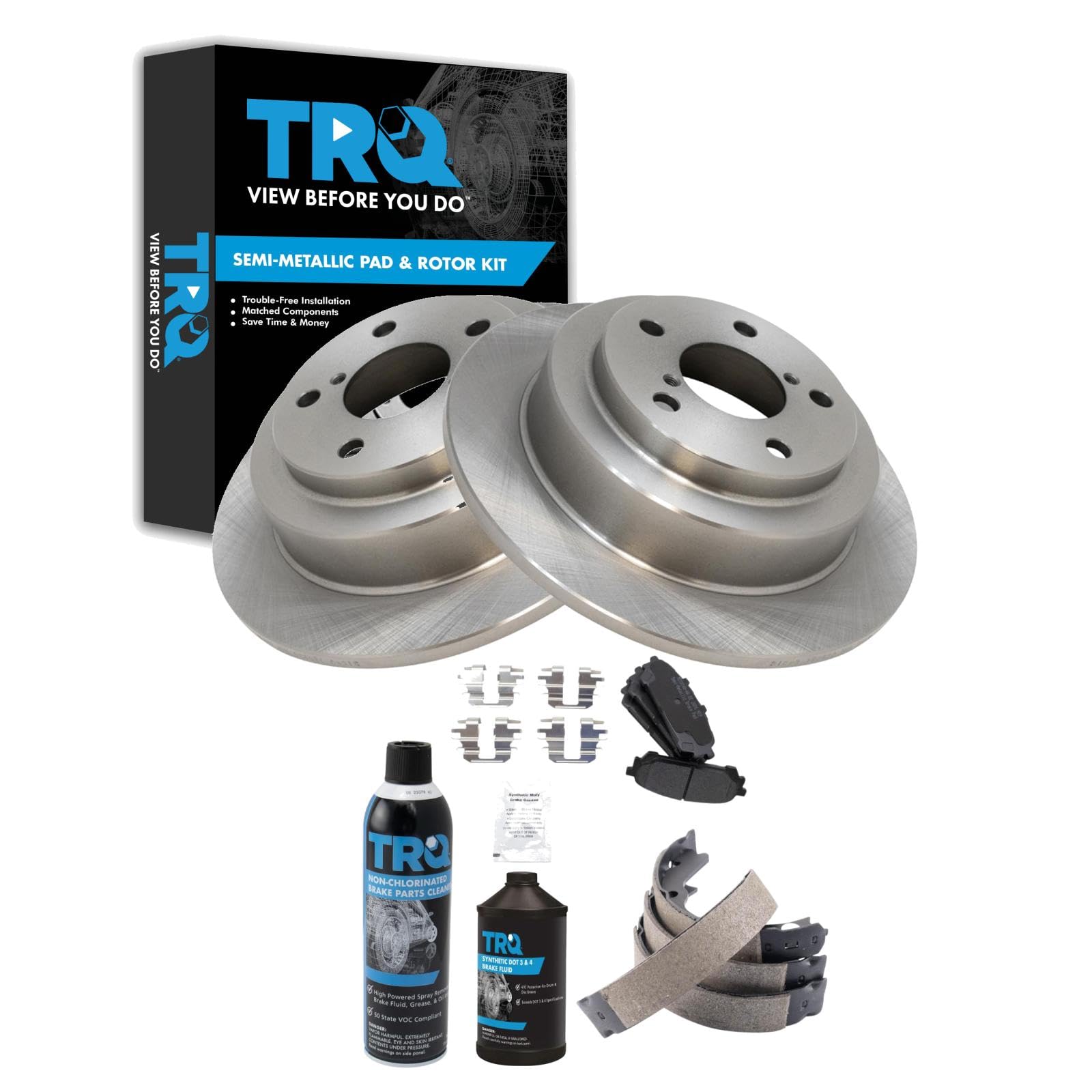 TRQ Rear Brake Pad &amp; Rotor Kit, with Chemical Kit Parking Brake Shoe Set Semi-Metallic Compatible with 2004-2007 Subaru Forester Impreza