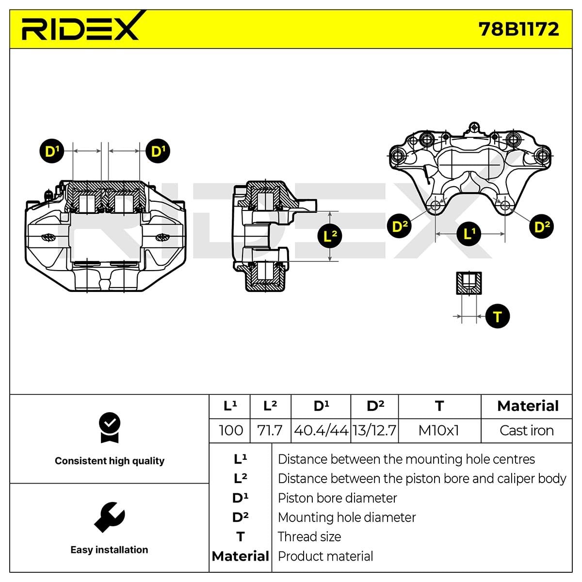 RIDEX 78B1172 Pinza de freno Delantero Izquierda Delantero con perno guía adicional con bastidor de soporte Compatible con MERCEDES-BENZ W124 Sedán W124