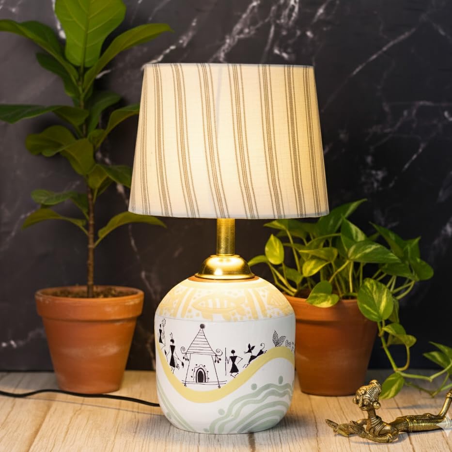 Handpainted Warli Village Painting Decorative Terracotta Table Lamp, Bedside Lamp, Side Table Lamp, for Bedroom, Living Room, Home Decor, 12 inch, Without Bulb-image-15