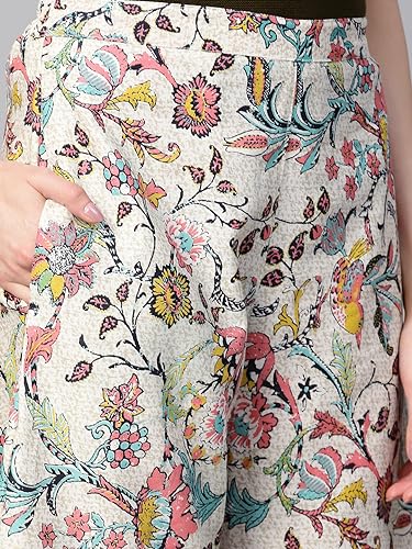 Image of Yuris Women Beige Pink Printed Wide Leg Palazzos -