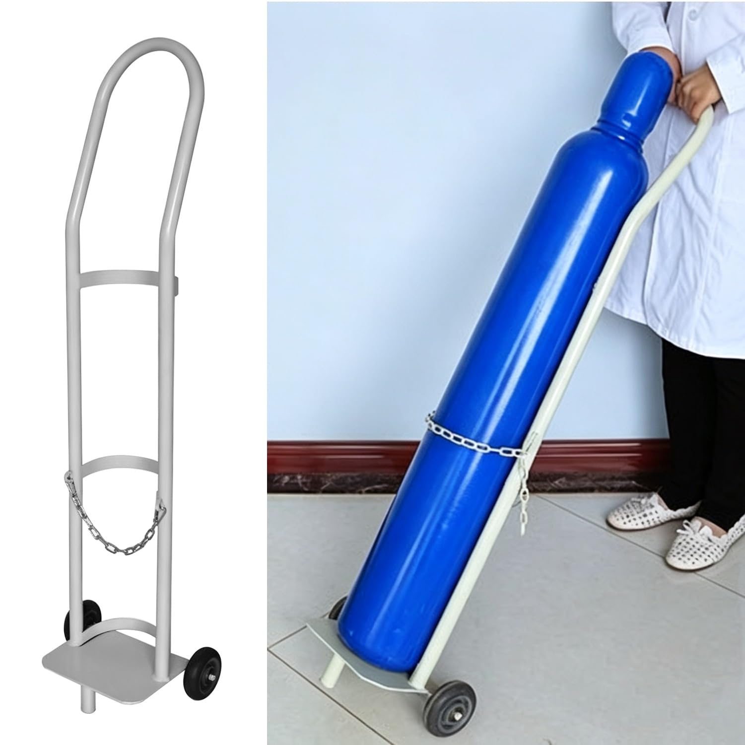 Genérico Carro Individual para bombonas de oxígeno, Carro portátil para Transporte de bombonas de Gas con Ruedas y Cadena de Seguridad, Soporte de Acero para bombonas de 8L, 10L o 15L (blan