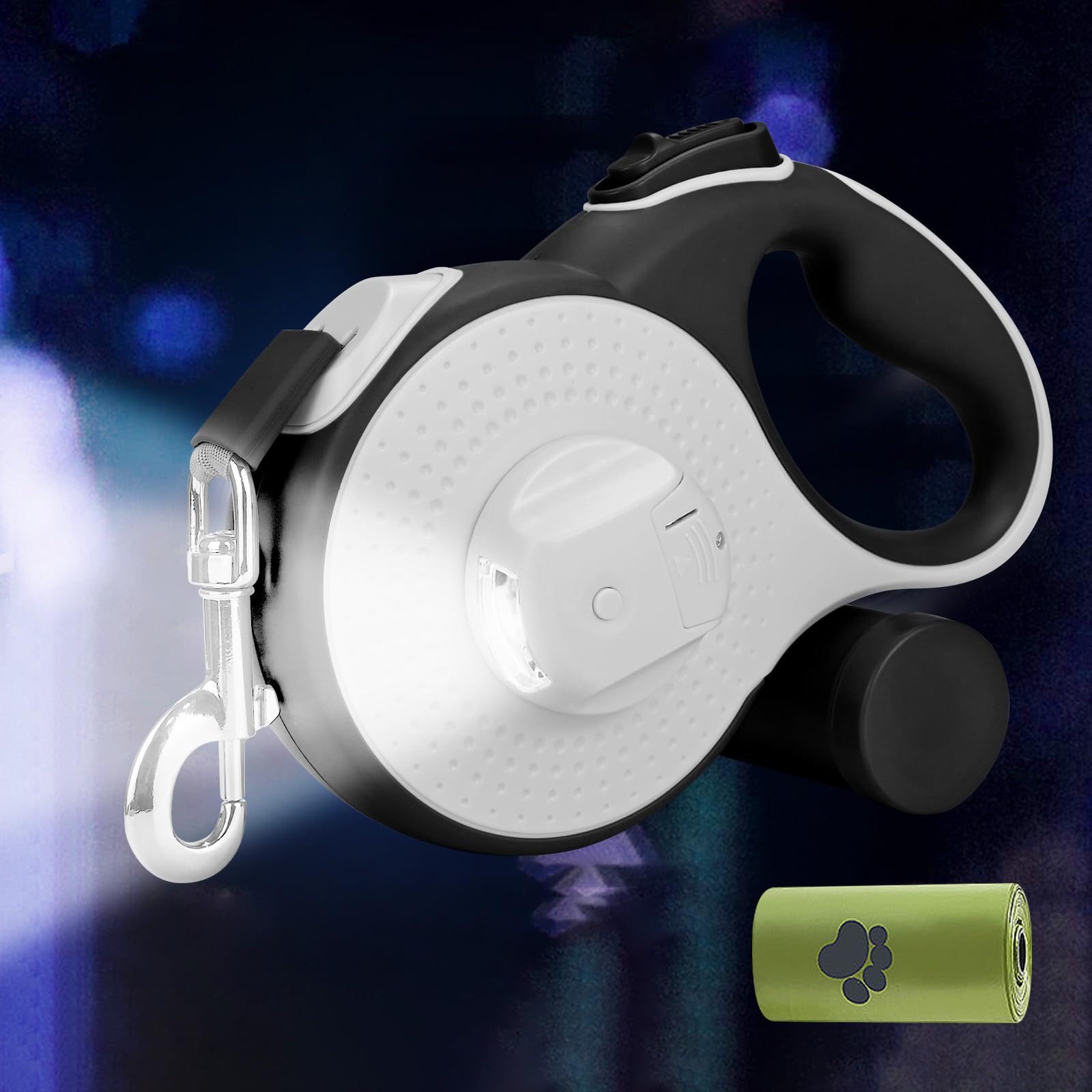 Guinzaglio per cani da 8 m, con luce LED e supporto per borsa, guinzaglio senza nodi, pulsante del freno rapido e impugnatura antiscivolo, per cani fino a 50 kg, shopping, allenamento, viaggi