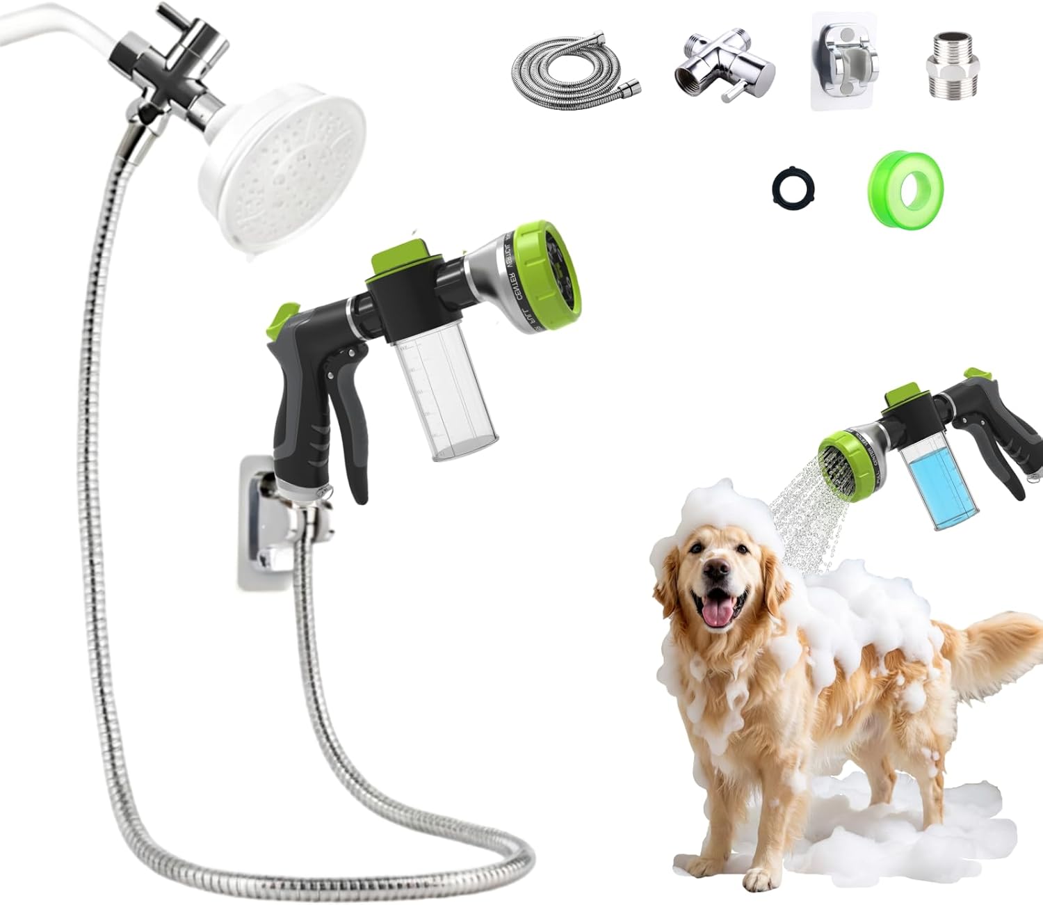 Dog Shower Attachment Water Hose Nozzle Sprayer Set with Metal 3-Way Shower Diverter & 6FT Shower Hose, 10 Spray Modes,with Soap Dispenser,Suitable for Indoor Outdoor Dog Washing