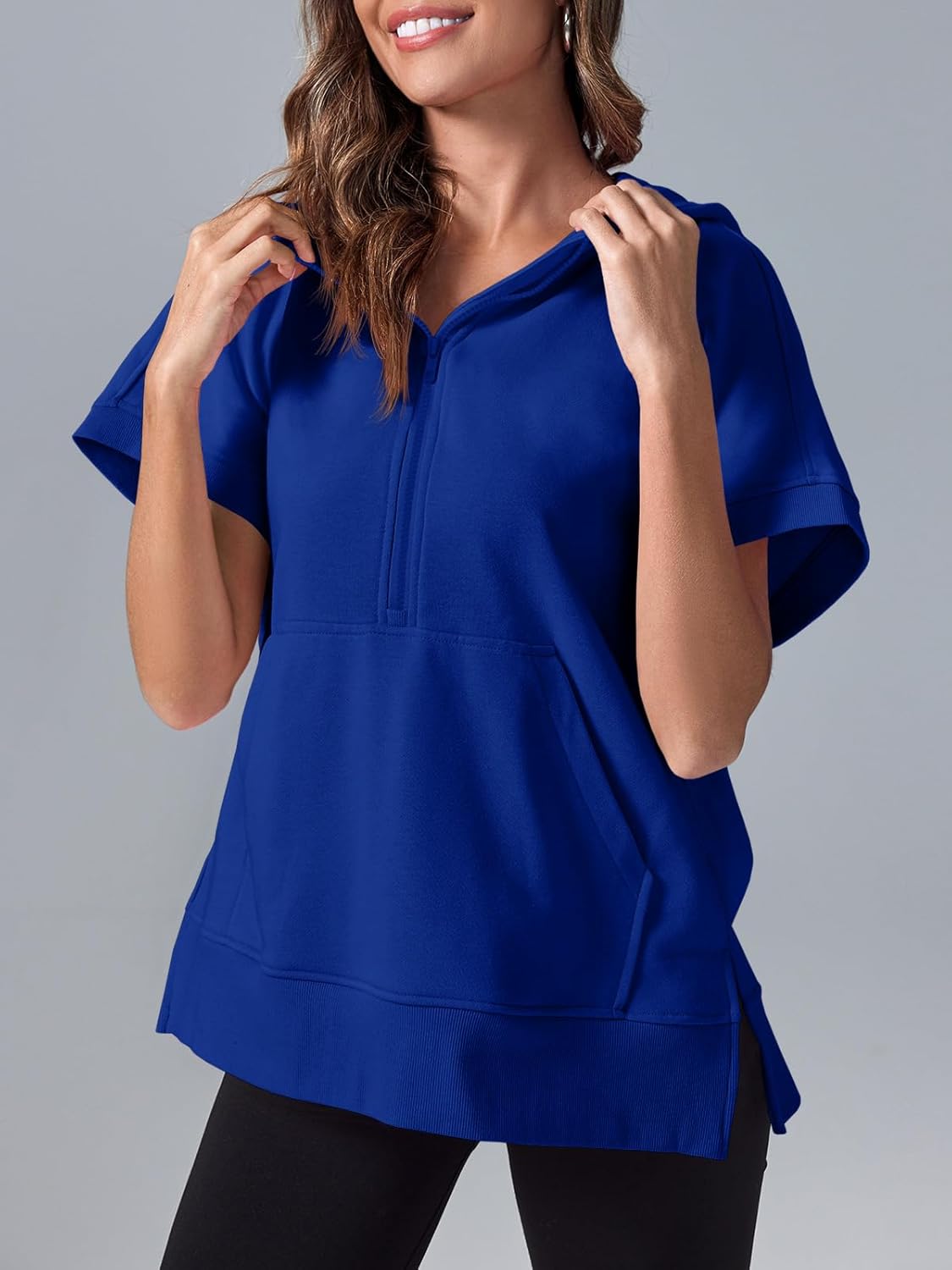 Fisoew Womens Oversized Half Zip Hoodies Short Sleeve Casual Sweatshirts Pullover Tops with Pockets - Image 2