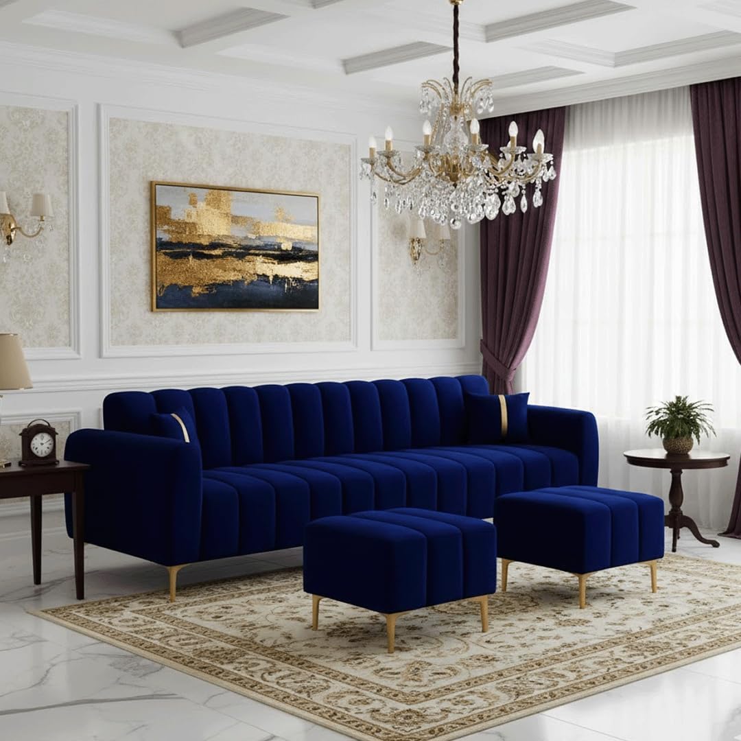 Solid Wood 3 Seater Sofa with 2 Ottoman Stools (1+1) | Wooden Sofa Set for Living Room | Premium Cushioned Sofa with Multipurpose Ottomans (Brown/Beige) (Dark Blue)-image-14