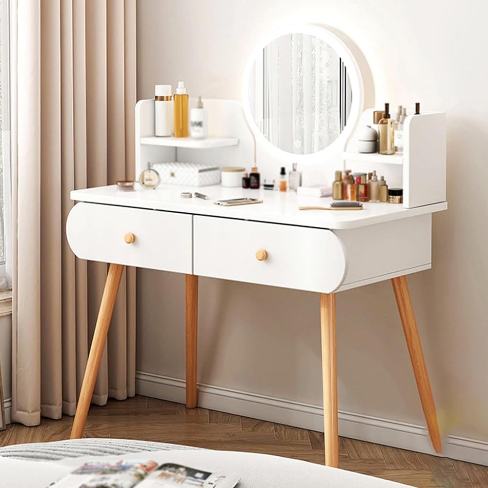 Tavolo da trucco illuminato con luminosità regolabile, 3 opzioni di colore, elegante scrivania per il trucco con cassetti Elegante design bianco e nero per gli amanti della bellezza