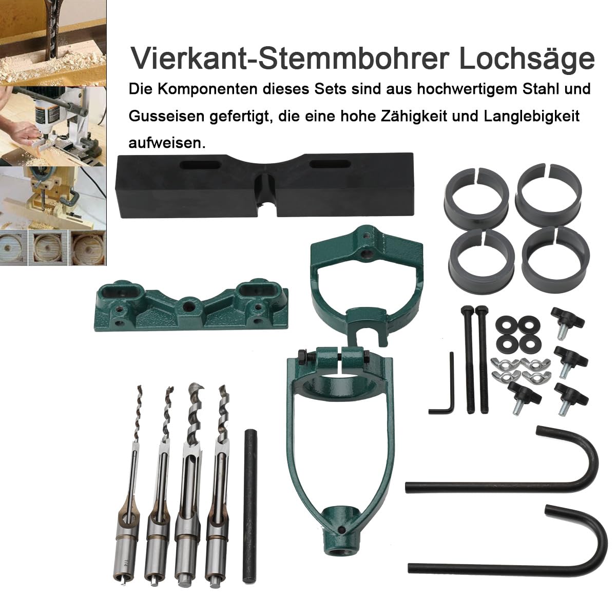 Vierkant-Stemmbohrer Lochsäge Stemmmaschine für Holz Meißel Bohrer Quadrat Löcher Mortising Mortise Locator Set Für Bohrmaschine, Stemmmeißel Zapfmaschine Mit 4 Bits Stahl Holzbearbeitungsbank