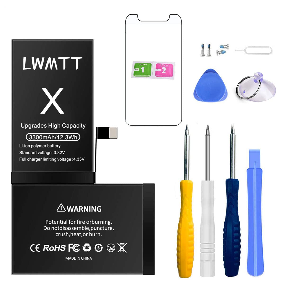 LWMTT The large capacity battery is compatible with the iPhone X with 3300 mAh, and the battery is equipped with tool kits and repair kits.