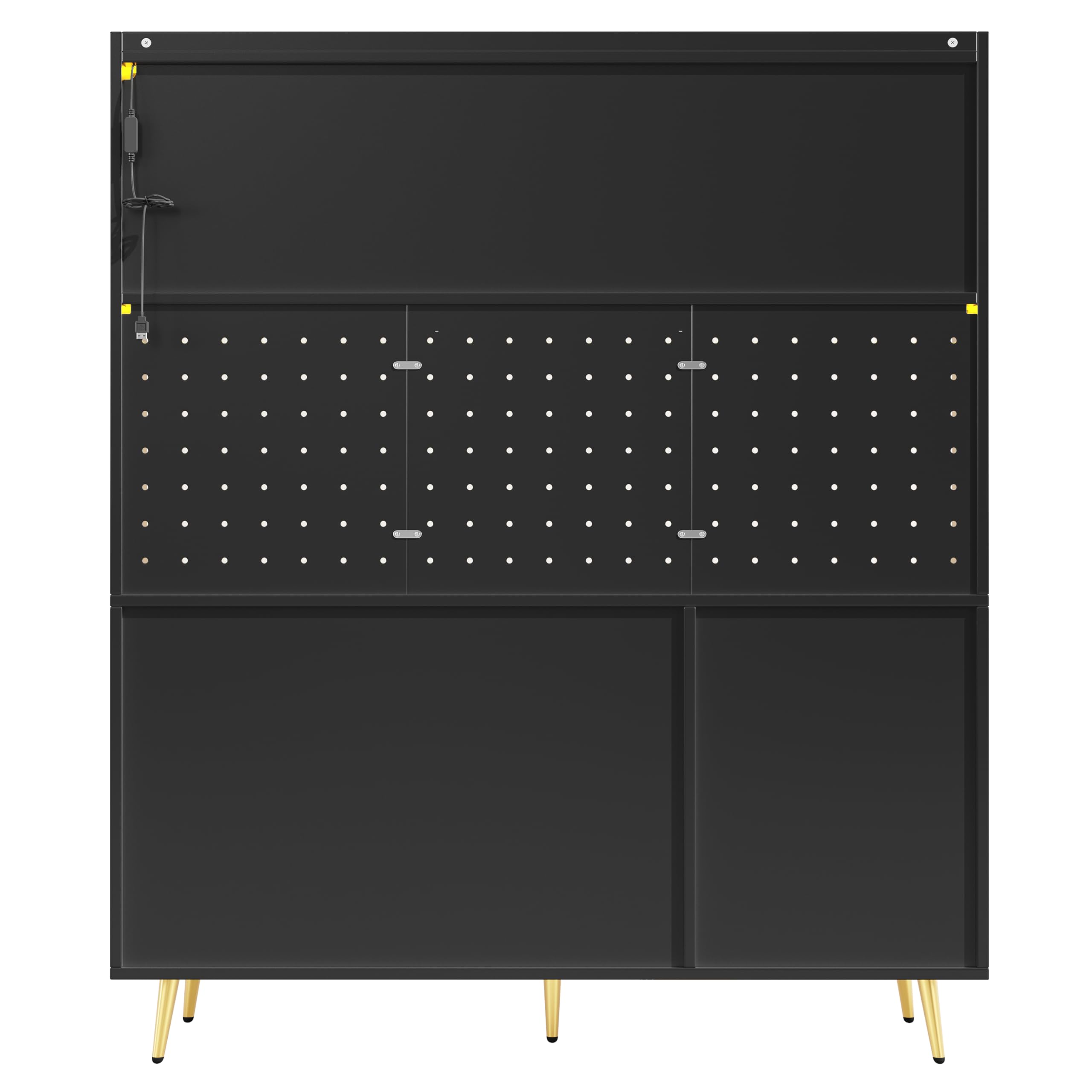 Kebnor Armadio laterale/armadietto da cucina/buffet, 145 x 39 x 171 cm, stile rustico, 5 ante, con striscia luminosa a LED e piastra di blocco in vetro, porte (nero)