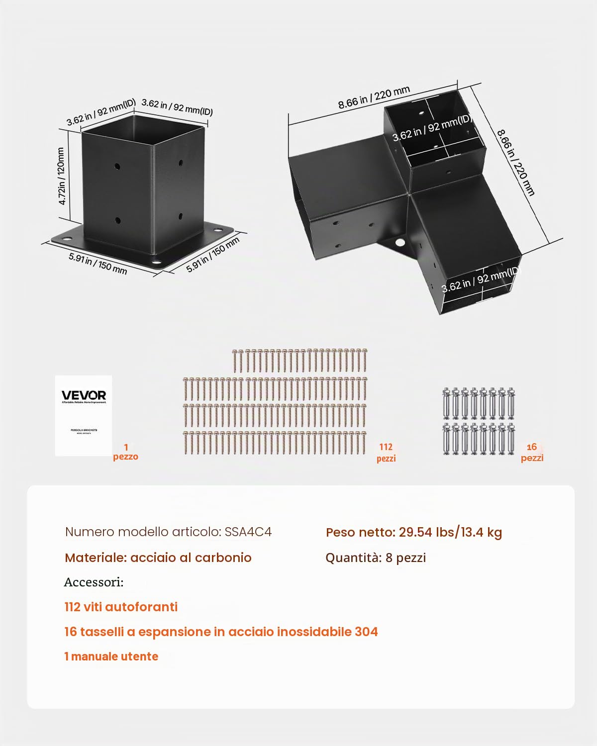 VEVOR Kit Staffe per Pergolato, ca. 101,6 x 101,6 cm Adatto per 92 x 92 mm, Staffe Angolari Resistenti a 3 Vie, Kit Base per Pali in Legno, Travi in Legno di Facile Installazione per Gazebo, Baita