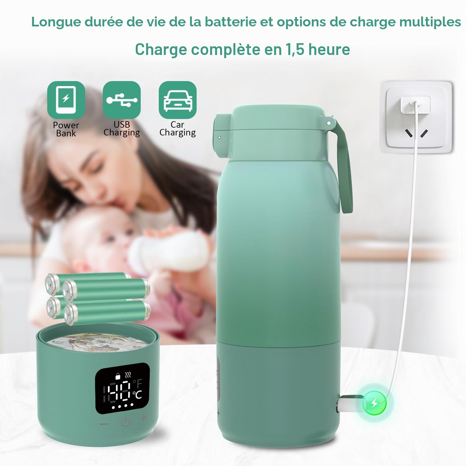 Chauffe Biberon Nomade Sans Fil, Chauffer Rapidement le Lait Maternel et Eau, Batterie Longue Durée, Grande Capacité de 500ml, Chauffe Biberon Portable pour la Maison/Camping/Voyages/Voiture