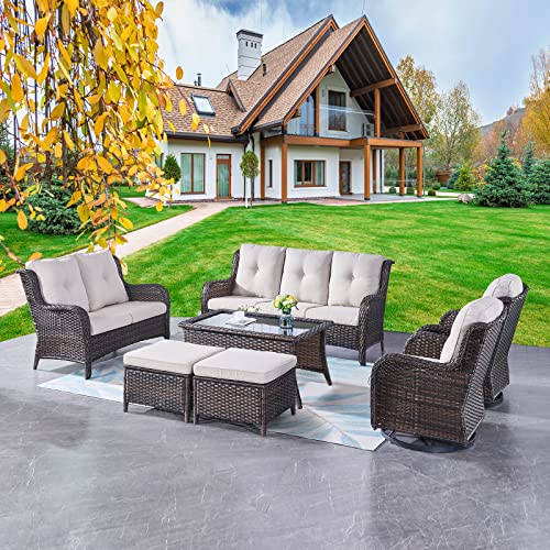 Wicker Patio Furniture Set 7 PC Rattan Outdoor Sectional Conversation Sets with 2 Rocking Swivel Chairs2 Ottomans1 Sofa1 Loveseat and 1 Coffee Table for Porch DeckBrownBeige