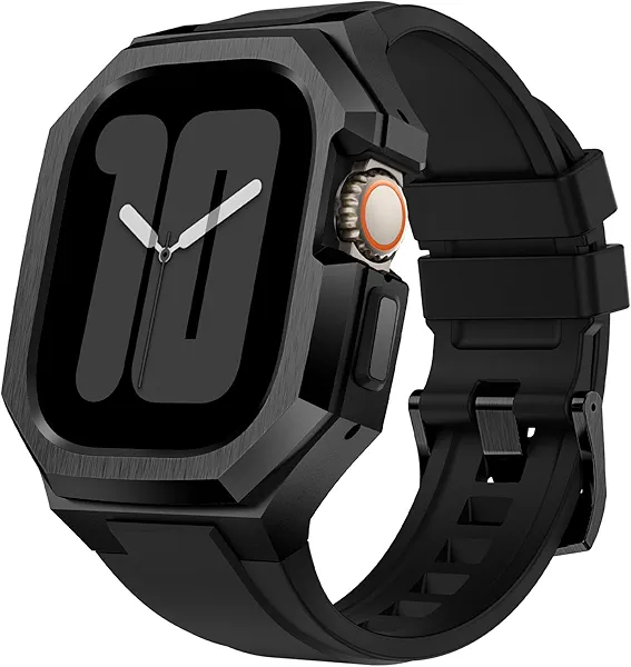 AIRYZGOOD Luxury Metal Case with Band Compatible for Apple Watch 44mm 45mm 46mm 49mm,Men Rugged Protective Bumper Cover with Soft Silicone Strap for iWatch Series 11/10/9/8/7/6/SE3/SE2/SE/5/4 and Ultra 3/2/1 49mm