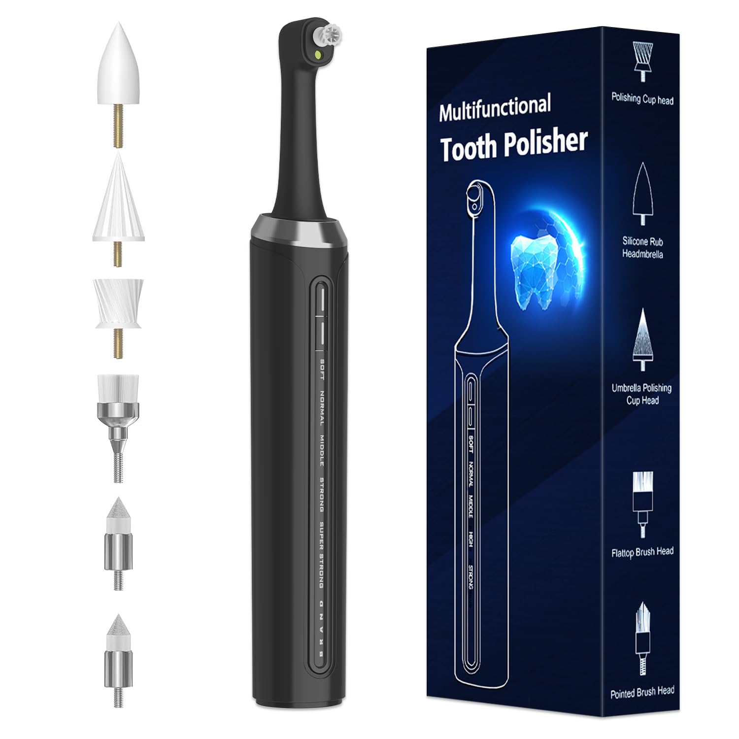 Rechargeable Tooth Polisher Kit for Daily Cleaning, Whitening and Polishing, Electric Dental Teeth Polisher with LED Light, 6 Brush Heads, 5 Speed Modes, IPX6 Waterproof?Black?