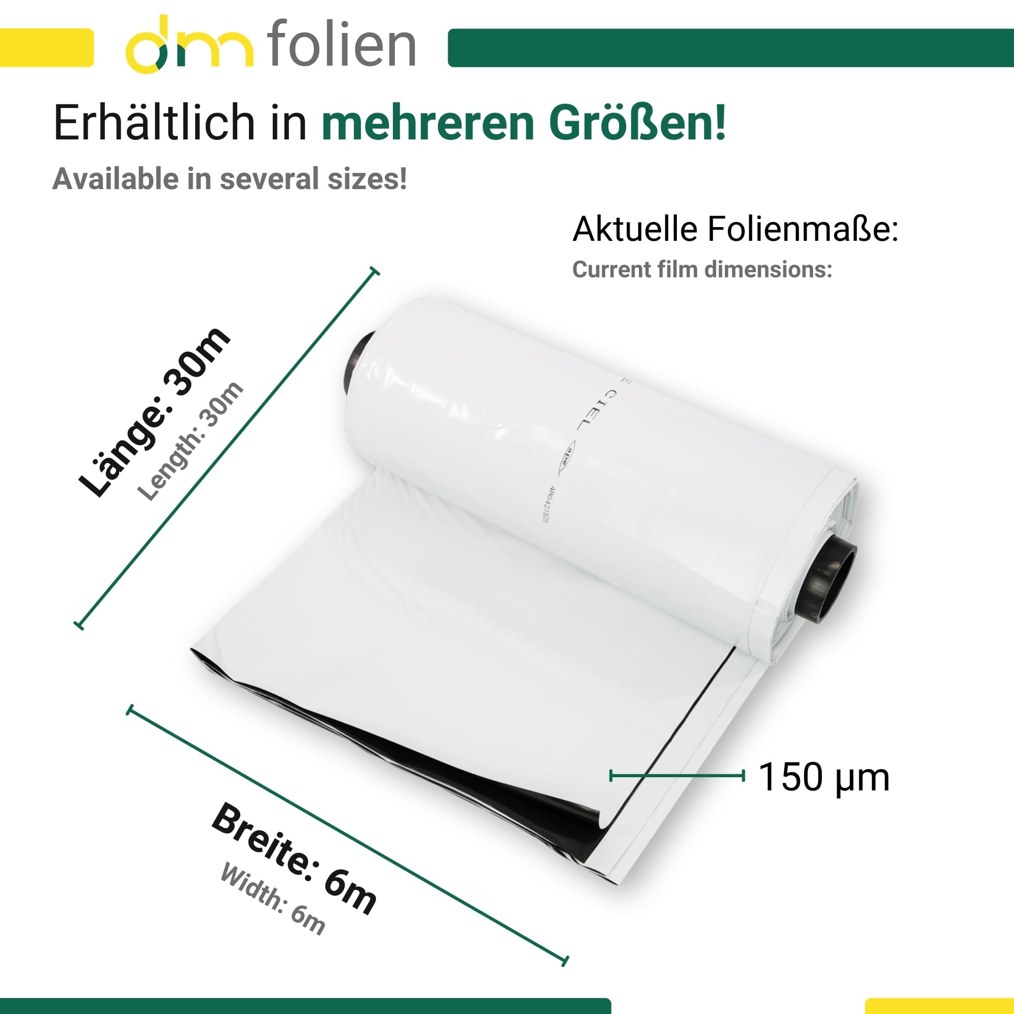 Silofolie 6 x 30 m auf Rolle Reißfeste Abdeckfolie Außeneinsatz Silagefolie wetterfest UV-beständig Baufolie schwarz/weiß 0,150 mm